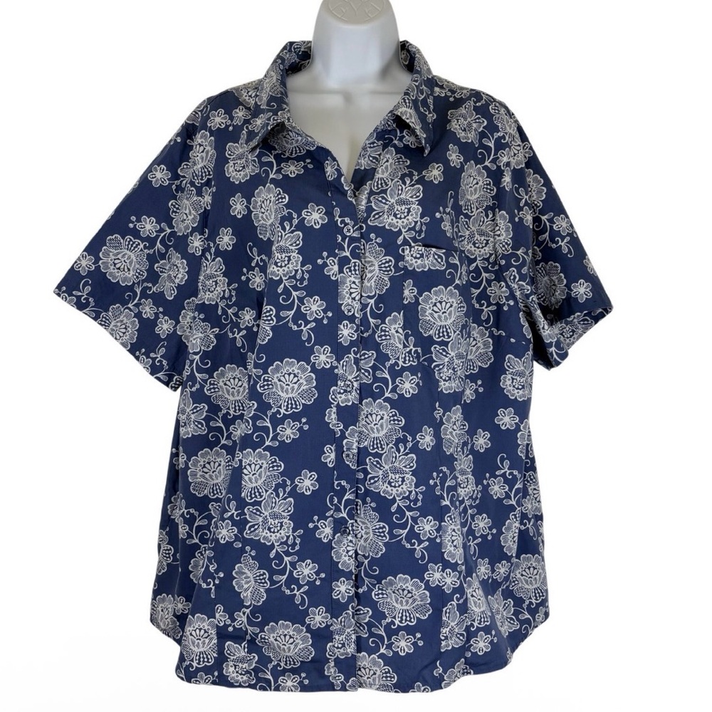 White Stag Blue Floral Button Up Shirt 3X Cottagecore Lightweight Blouse